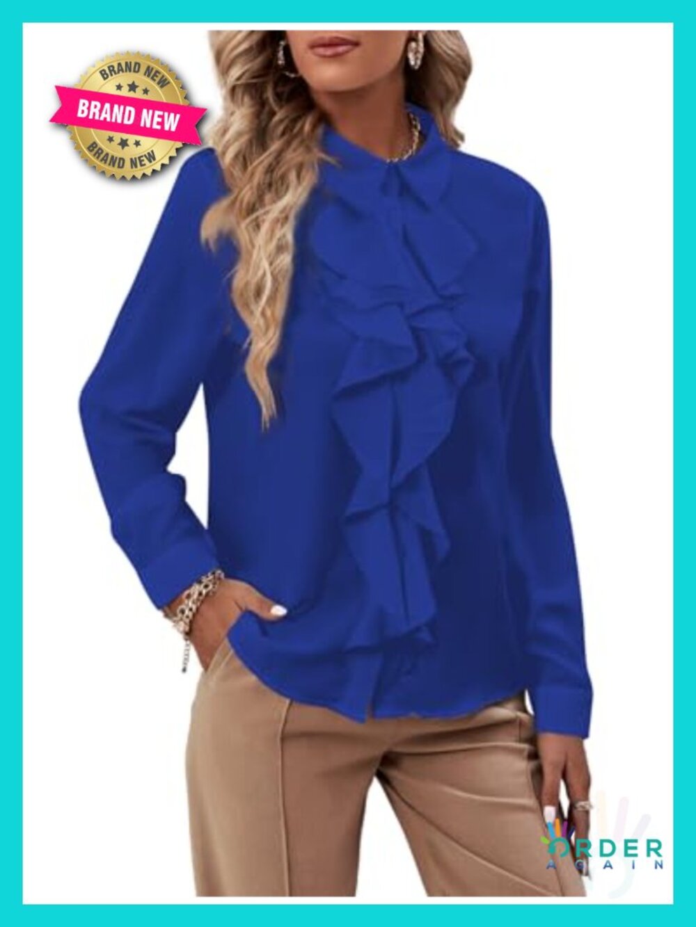 Ruffle Front Button Down Blouse Collar Long Sleeve Office Top